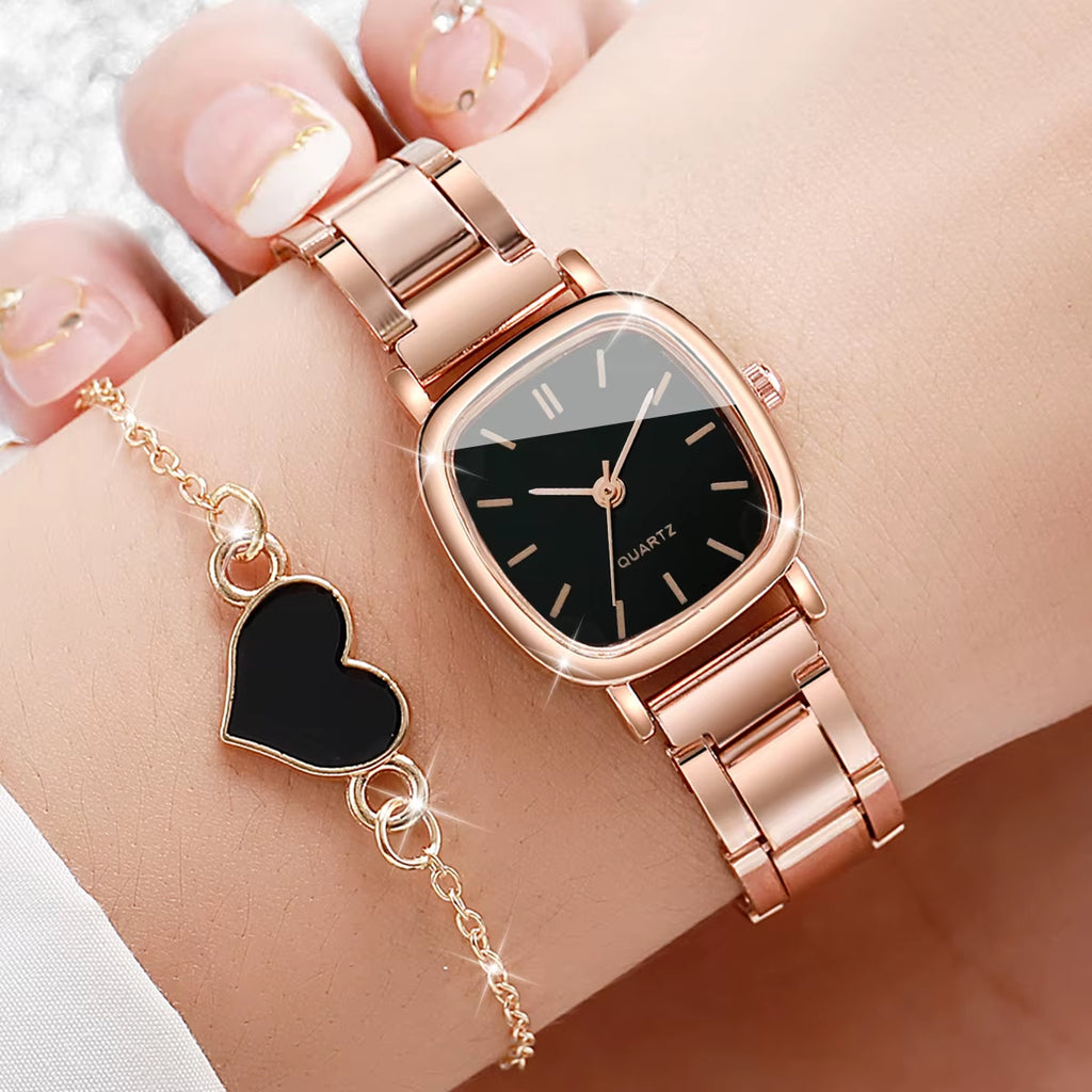 2Pcs/Set Women'S Watch Fashion Square Stainless Steel Band Quartz Watches Heart Bracelet Set