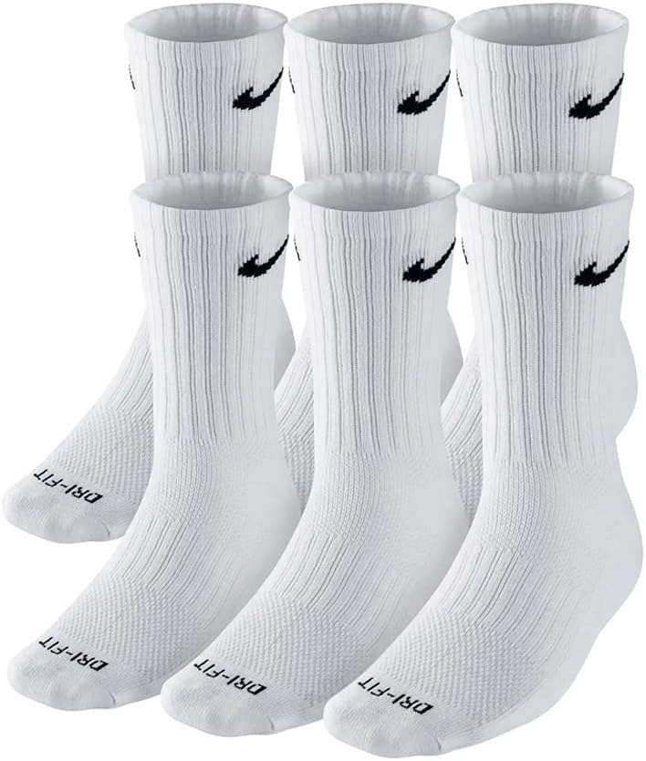 Dri-Fit Cushion Crew Training Socks (6 Pair) White with Traditional Black Swoosh Logo ADULT LARGE 8-12 UNISEX
