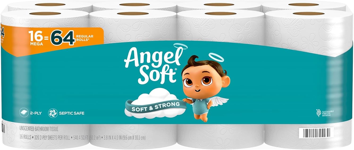 Toilet Paper, 16 Mega Rolls = 64 Regular Rolls, Soft and Strong Toilet Tissue