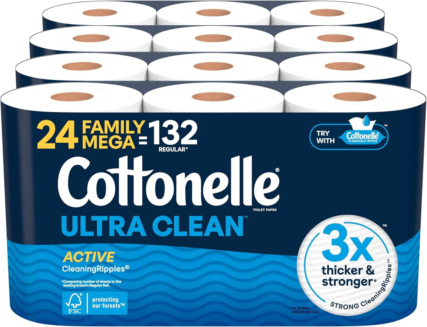 Ultra Clean Toilet Paper with Active Cleaningripples Texture, Strong Bath Tissue, 24 Family Mega Rolls = 132 Regular Rolls (4 Packs of 6)