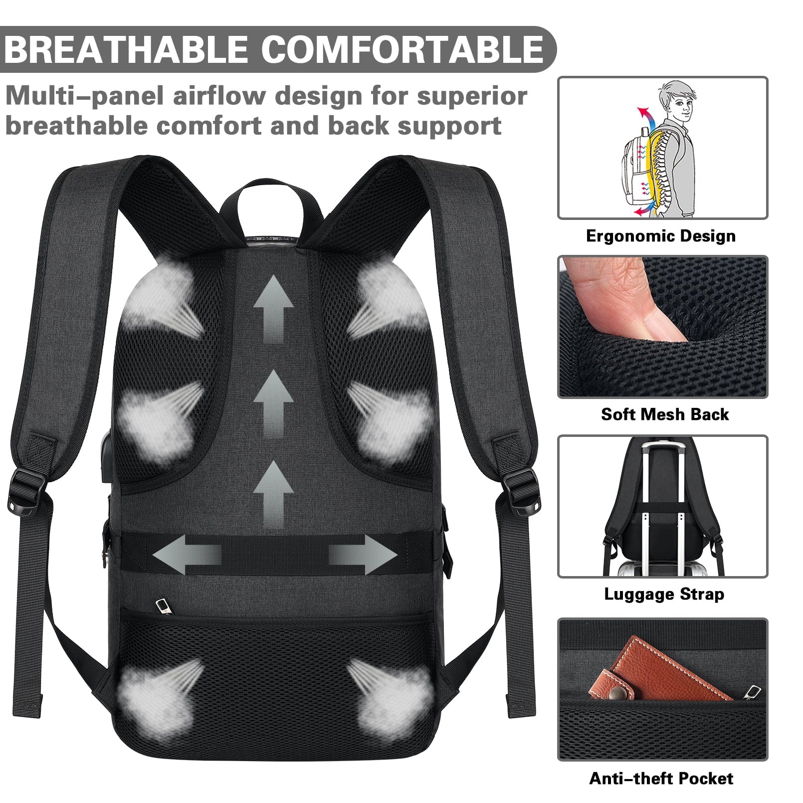 17.3 Inch anti Theft Business Laptop Backpack for Men & Womenwith, Travel Bag，With USB Charging Port and Headphone Interface, Black