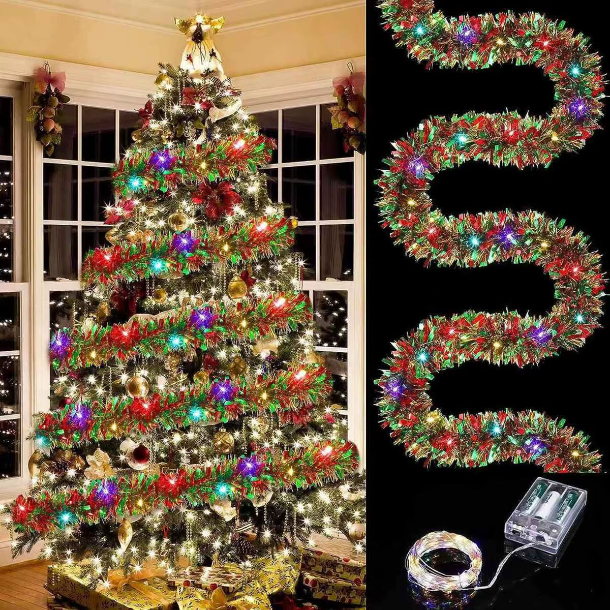1Pc Christmas Tinsel Garland Metallic Shiny Garland with LED Lights Christmas Tree Garland Thick Hanging Suitable for Home Decor