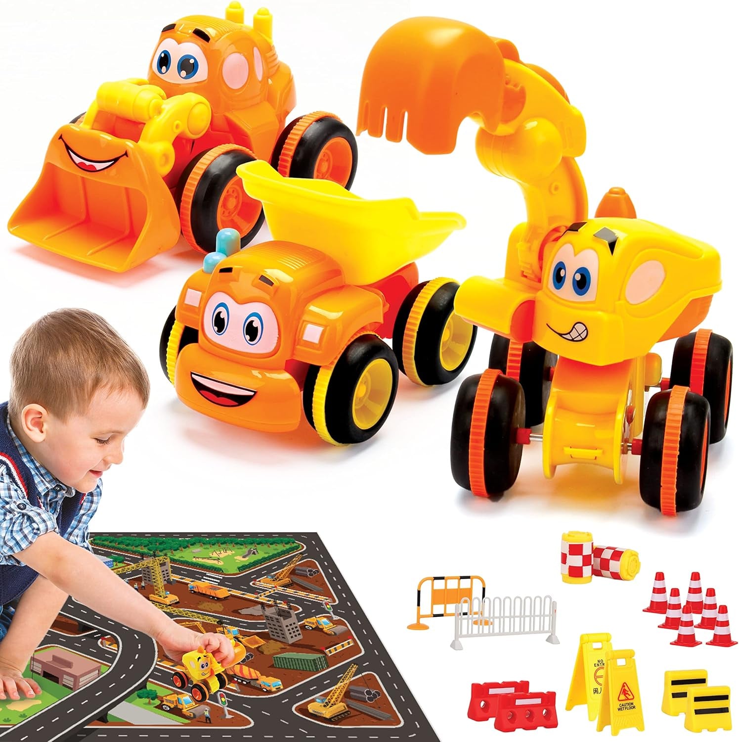 Toys for a 2 Year Old Boy - 4 Friction Powered Trucks for 3+ Year Old Boys, Push & Go Cars Cartoon Construction Vehicle Set - Best Toddler Boys Toys & Toy Trucks, Play Pull Back Car, Idea