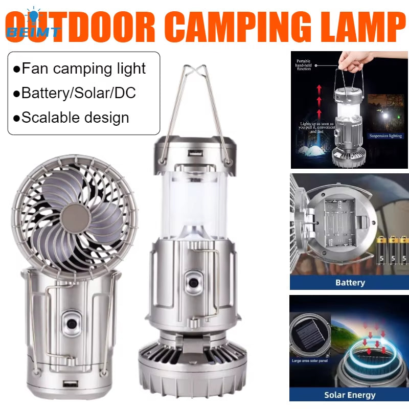 Camping Fan Portable Rechargeable Foldable Hangable Power Bank Lamp Handheld Lantern with Solar Charging