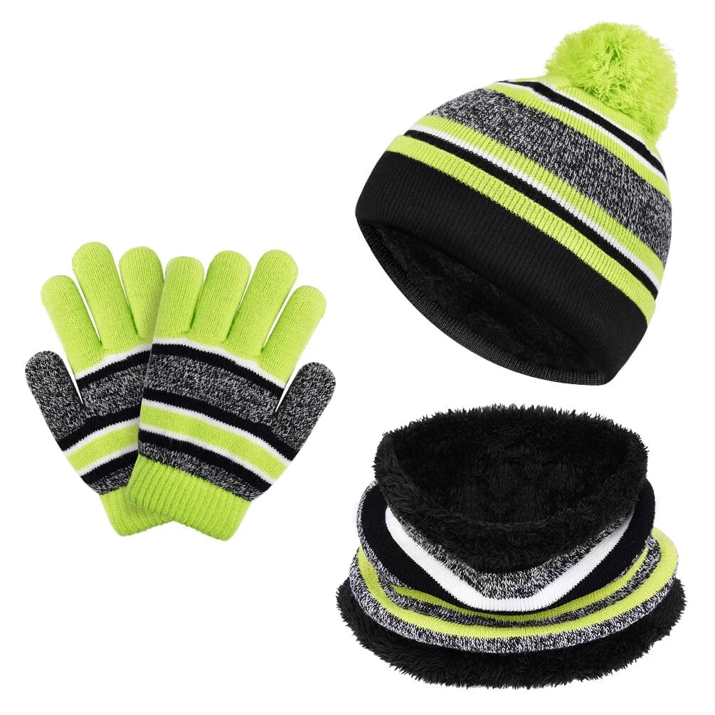 3 Pcs Kids Hat Scarf Gloves Set Warm Knitted Winter Set with Fleece Lining for 3-6 Years Old Girls and Boys, Green
