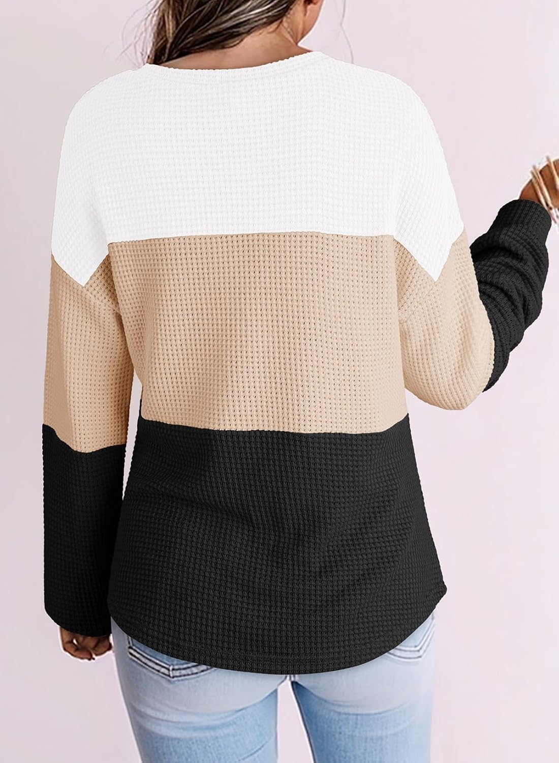 Womens Tops Casual Long Sleeve Waffle Knit Oversized Shirts Crewneck Color Block Pullover Sweatshirts