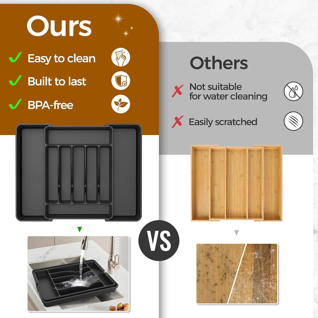 Extra Large Expandable Silverware Organizer, Bpa-Free Food-Safe Cutlery Flatware Organizer, Kitchen Utensil Drawer Organizer, Adjustable Silverware Holder for Spoons Forks Knives, Black