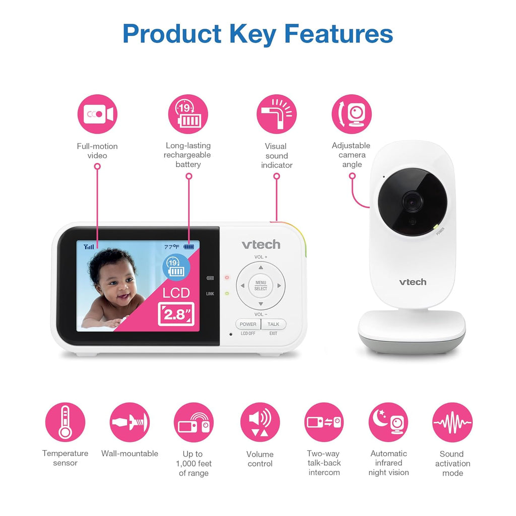 VM819 Baby Monitor with Camera and Audio, 2.8” Screen Portable Baby Camera, Night Vision, 2-Way Audio, Temperature Sensor and Lullabies, Secure Transmission No Wifi, Ideal for Baby/Elderly/Pet