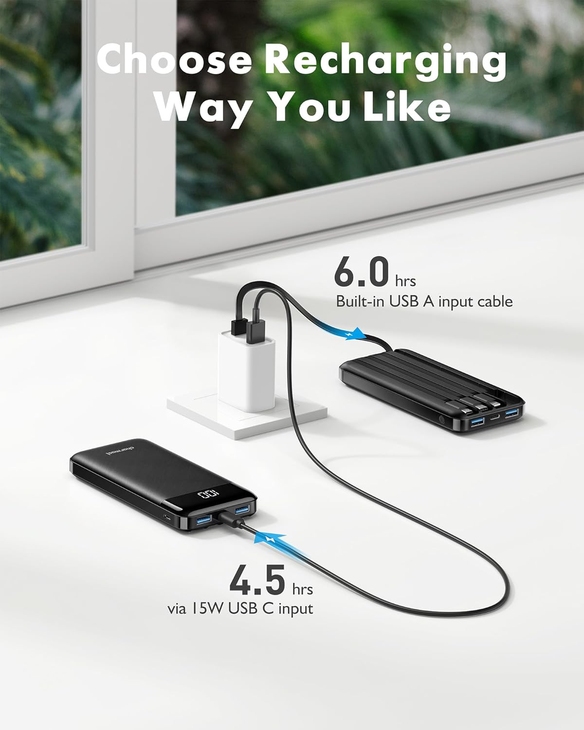 Portable Charger with Built in Cables, Power Bank with Cords Wires, Slim 10000Mah Travel Battery Pack 6 Outputs 3 Inputs 3A Fast Charging for Samsung Google Pixel LG Moto Iphone Ipad