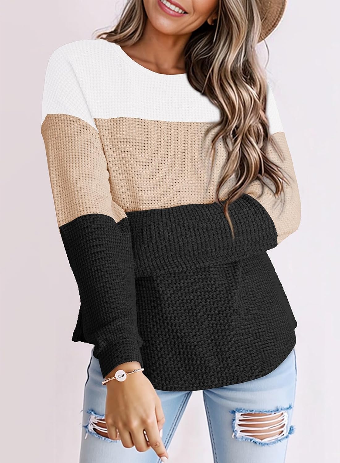 Womens Tops Casual Long Sleeve Waffle Knit Oversized Shirts Crewneck Color Block Pullover Sweatshirts