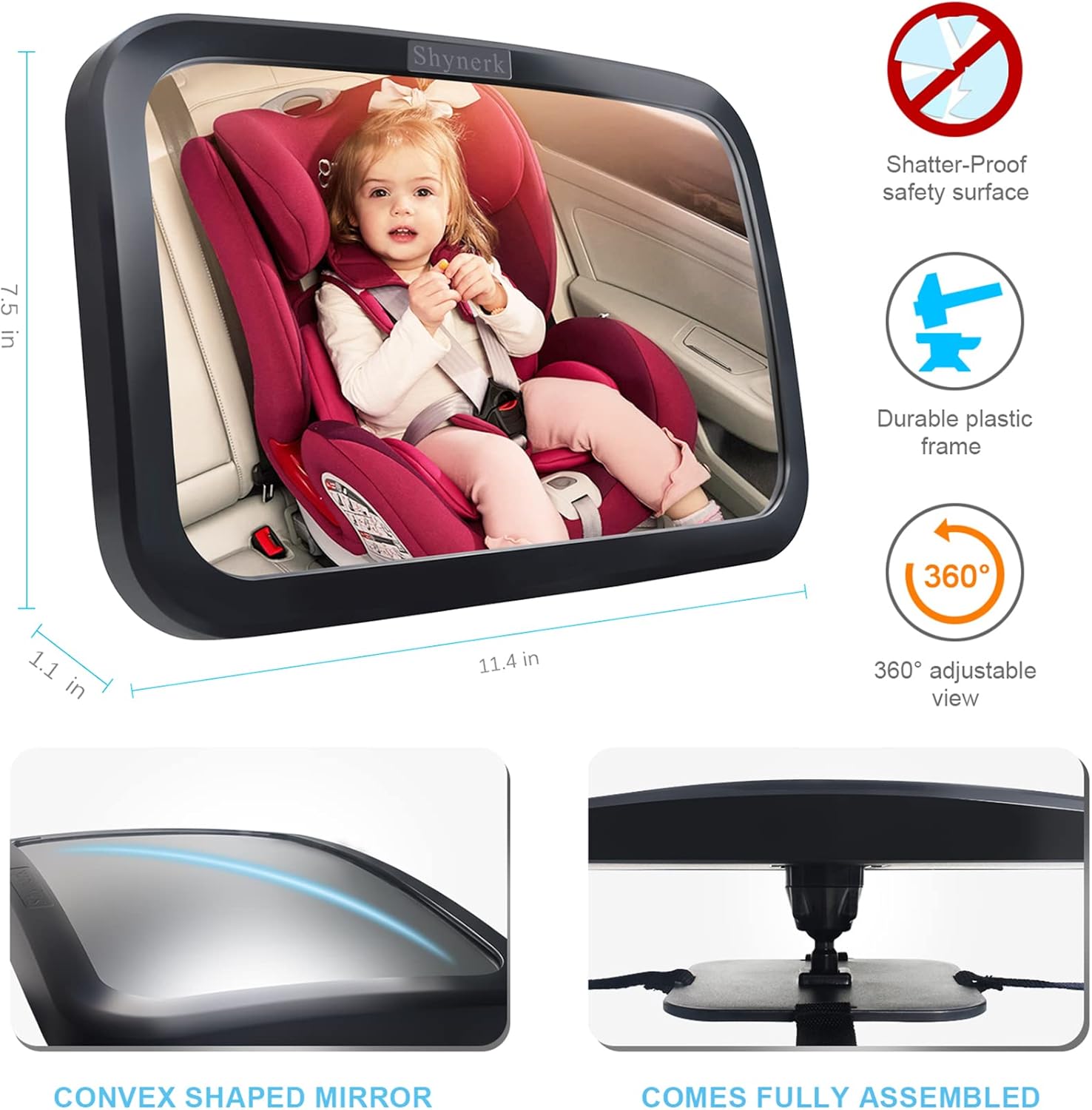 Baby Car Mirror, Safety Car Seat Mirror for Rear Facing Infant with Wide Crystal Clear View, Shatterproof, 360° Rotation, Crash Tested and Certified