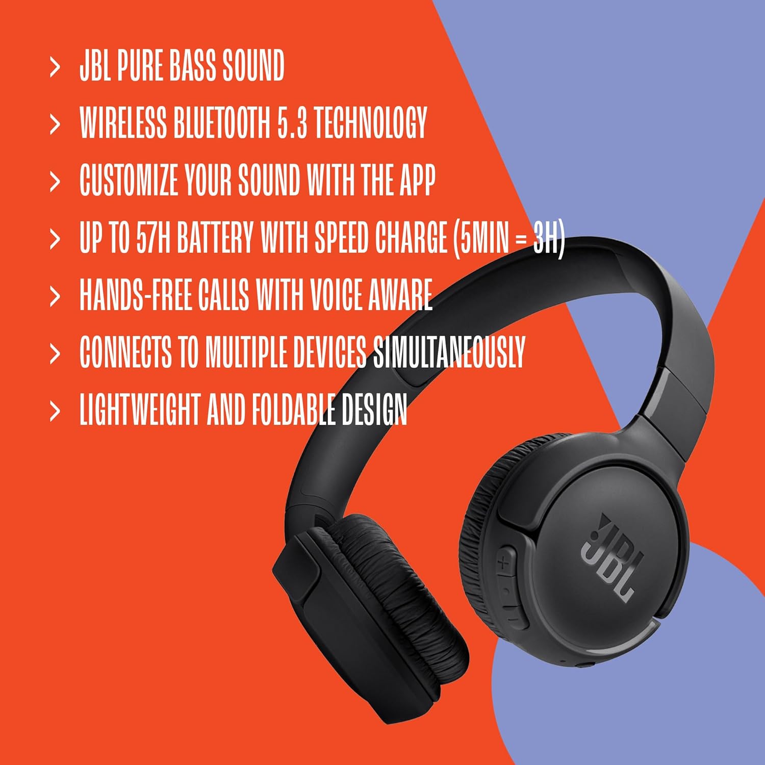 Tune 520BT - Wireless On-Ear Headphones, up to 57H Battery Life and Speed Charge