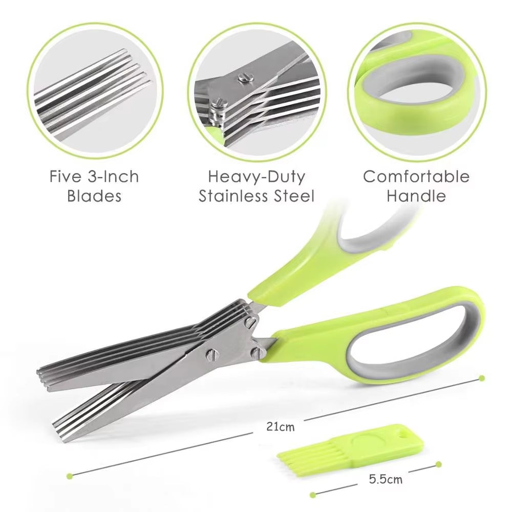 5 Blade Herb Scissors Stainless Steel Onion Herb Scissors with Cleaning Brush Kitchen Scallion Chopper Cutter YY026