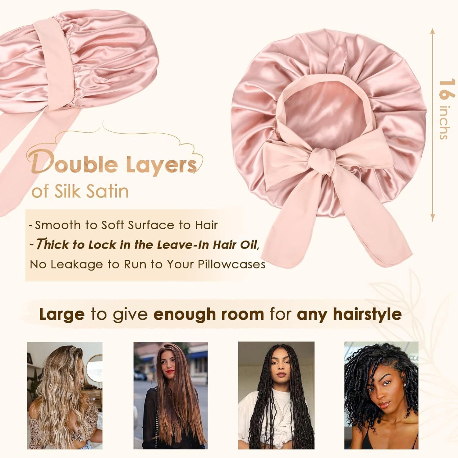 Silk Bonnet for Sleeping Women Satin Bonnet Double Layer Satin Lined Hair Bonnet with Tie Band Curly Hair Blush Pink