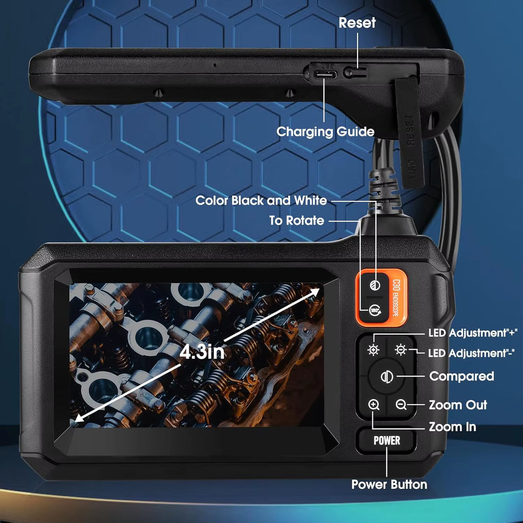 Industrial Endoscope Camera 4.3Inch IPS Screen 8Mm HD1080P IP67 Waterproof 8 LED Light Inspection Borescope for Pipe Car Repair