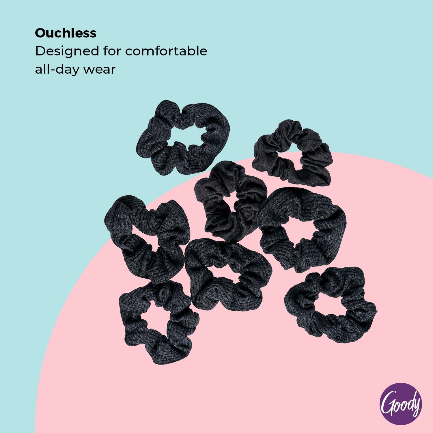 Ouchless Womens Hair Scrunchie - 8 Count, Black - Suitable for All Hair Types - Pain-Free Hair Accessories for Women Perfect for Long Lasting Braids, Ponytails and More