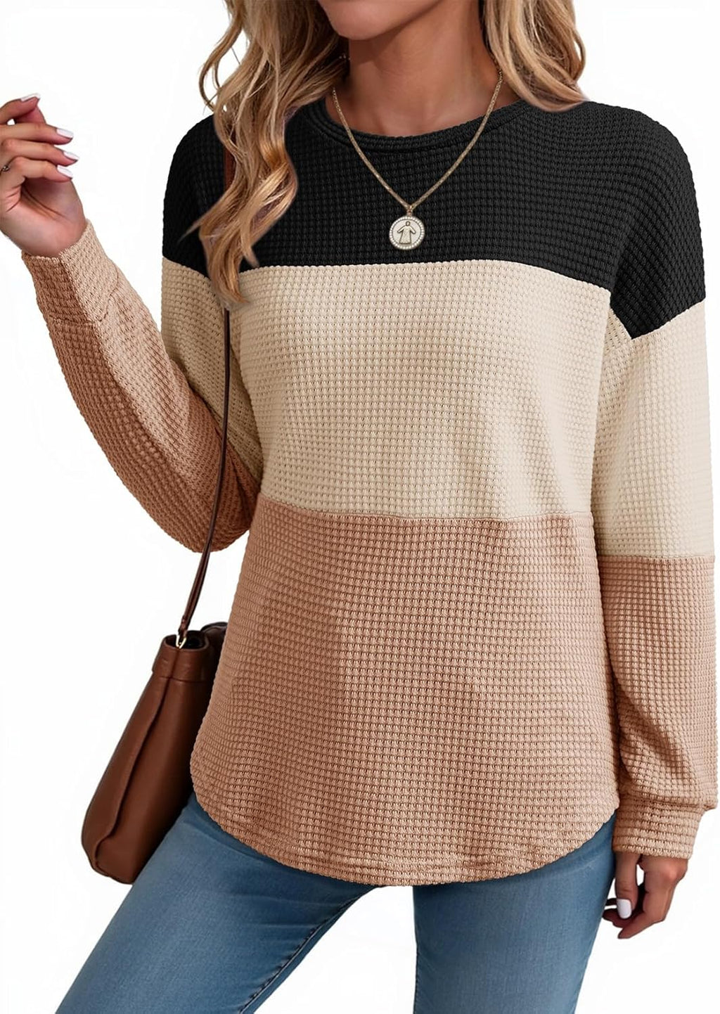 Womens Tops Casual Long Sleeve Waffle Knit Oversized Shirts Crewneck Color Block Pullover Sweatshirts