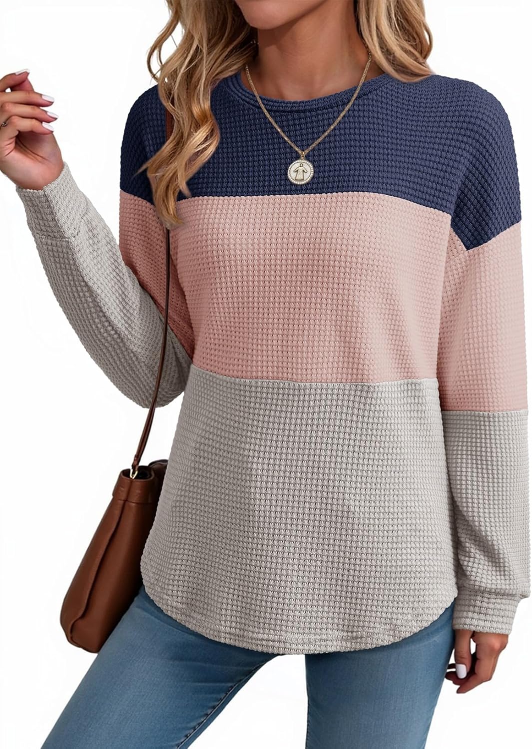 Womens Tops Casual Long Sleeve Waffle Knit Oversized Shirts Crewneck Color Block Pullover Sweatshirts