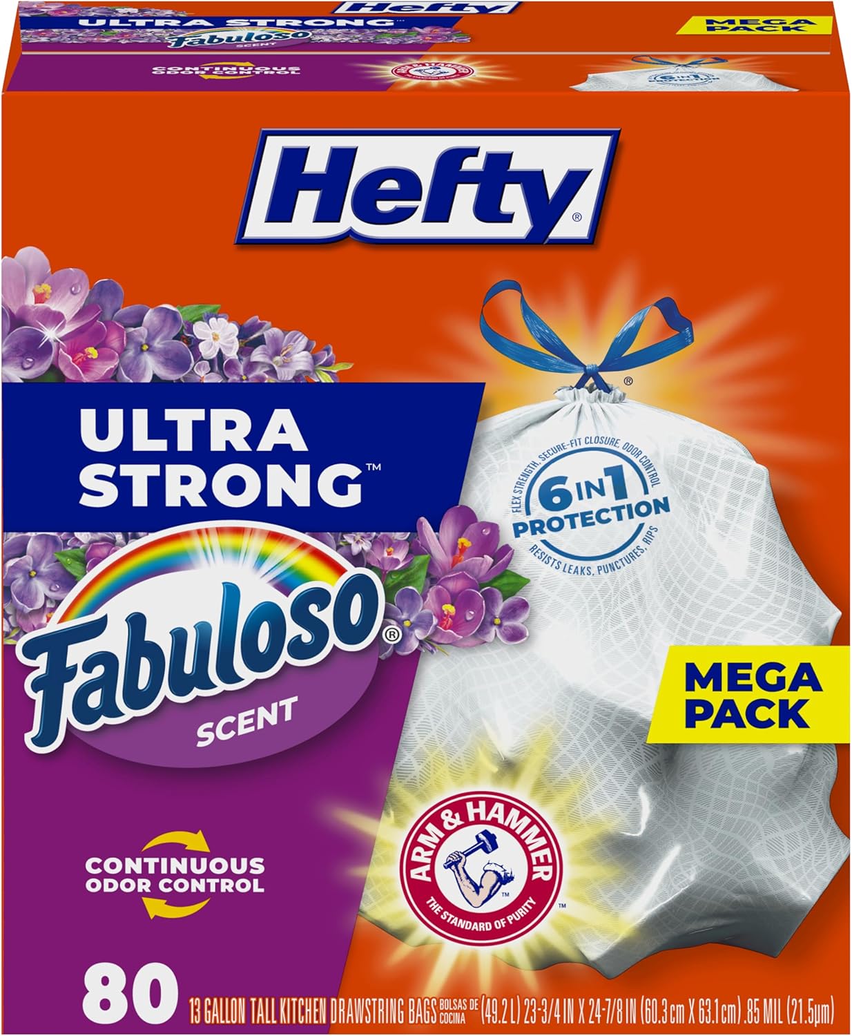 Ultra Strong 13 Gallon Trash Bags, Tall Kitchen Trash Bags 13 Gallon Size, Resist Leaks, Punctures, and Rips, Continuous Odor Control, White, Fabuloso Scent, 80 Bags