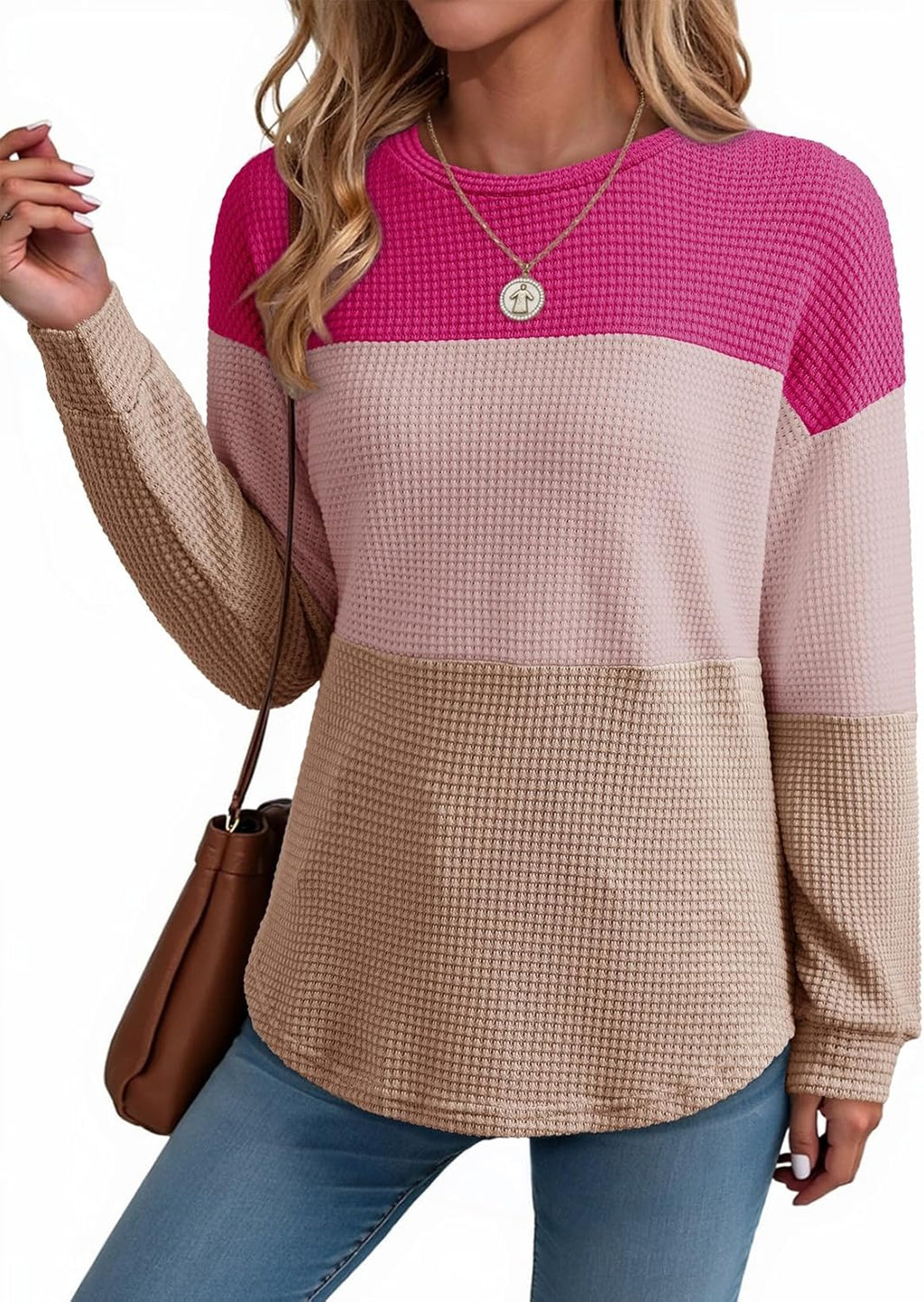 Womens Tops Casual Long Sleeve Waffle Knit Oversized Shirts Crewneck Color Block Pullover Sweatshirts