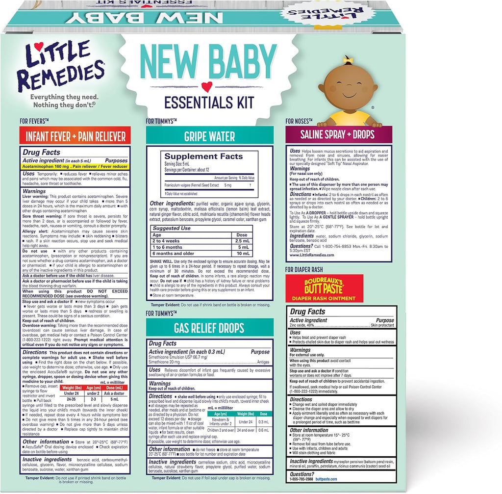 , New Baby Essentials Kit, 6 Newborn Essentials, Saline Nasal Spray, Gas Relief Drops, Gripe Water, Fever Reliever, & Diaper Ointment