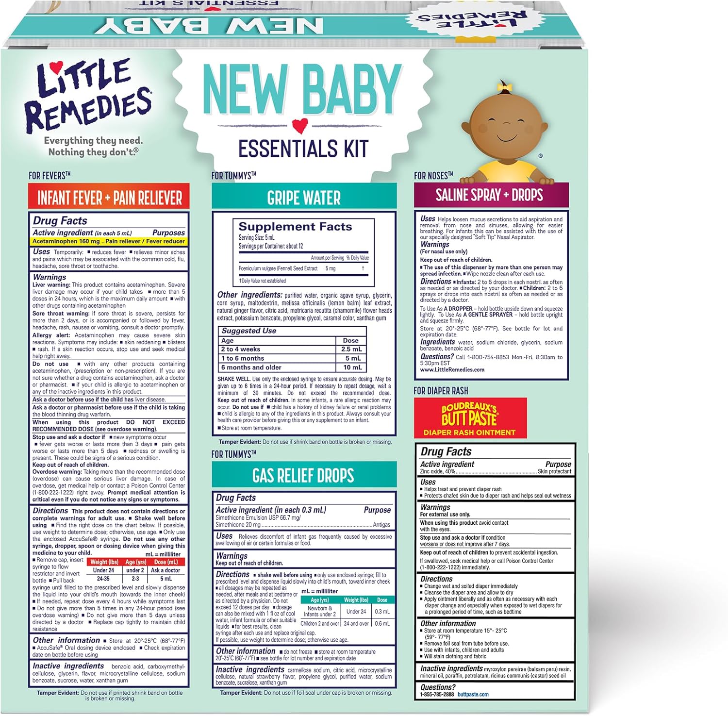 , New Baby Essentials Kit, 6 Newborn Essentials, Saline Nasal Spray, Gas Relief Drops, Gripe Water, Fever Reliever, & Diaper Ointment