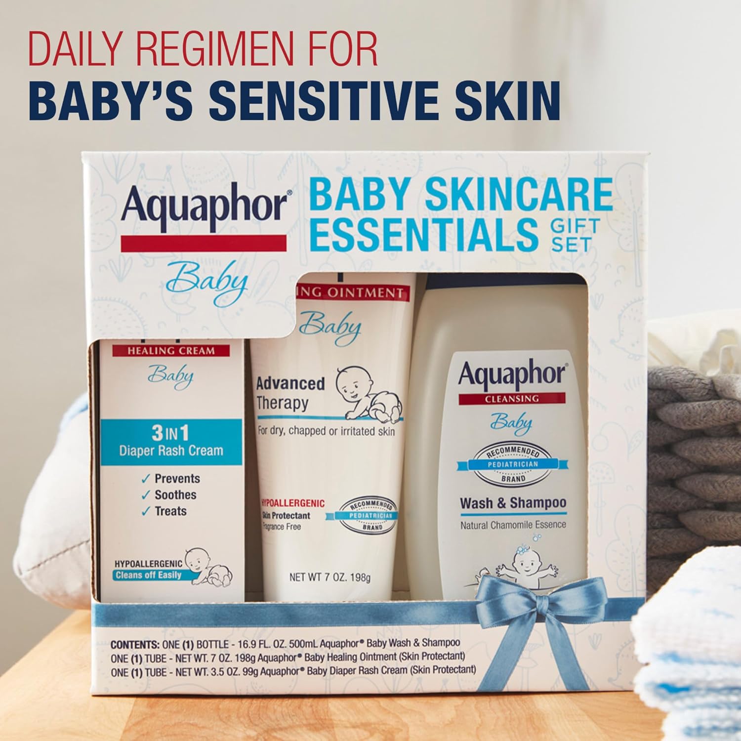 Baby Skin Care Essentials Gift Set with Baby Wash and Shampoo (16.9 Fl Oz) + Healing Ointment for Chapped Skin and Drool Rash (7Oz) + Diaper Rash Cream (3.5Oz), Hypoallergenic