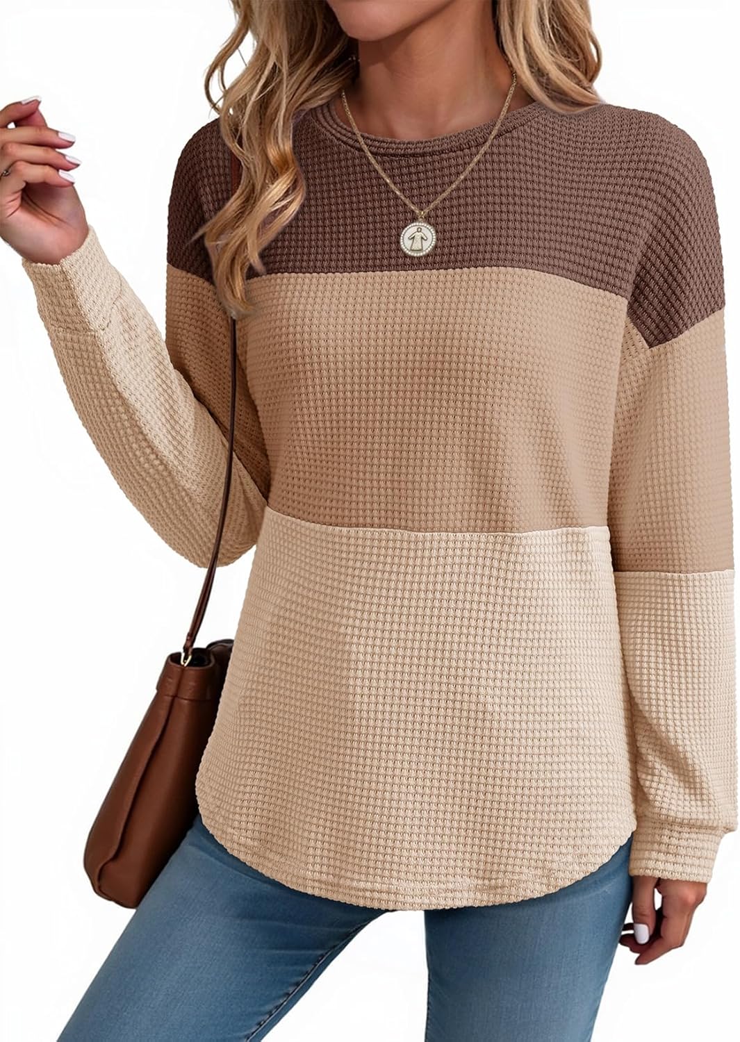 Womens Tops Casual Long Sleeve Waffle Knit Oversized Shirts Crewneck Color Block Pullover Sweatshirts