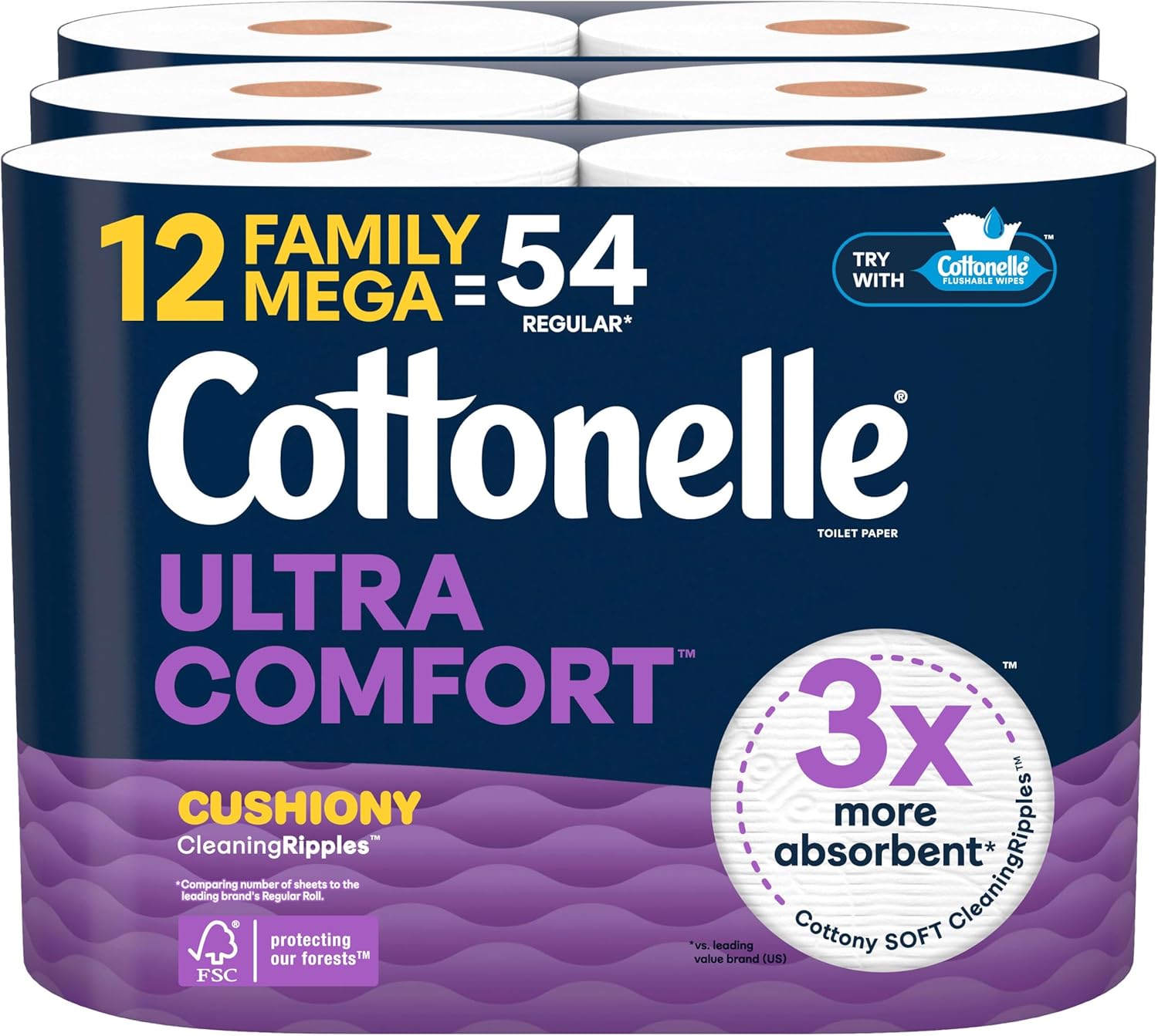 Ultra Comfort Toilet Paper with Cushiony Cleaningripples Texture, 12 Family Mega Rolls = 54 Regular Rolls