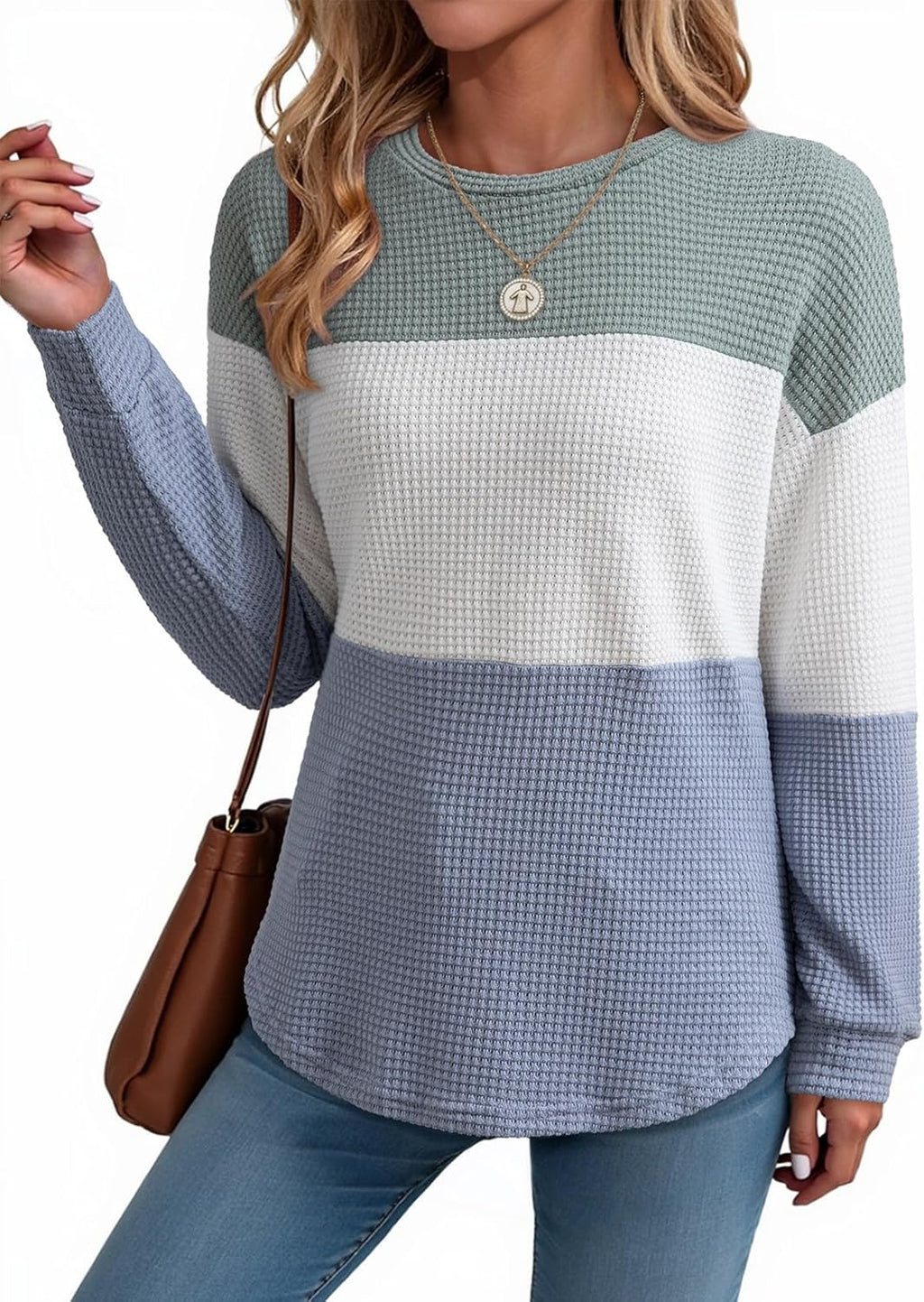 Womens Tops Casual Long Sleeve Waffle Knit Oversized Shirts Crewneck Color Block Pullover Sweatshirts