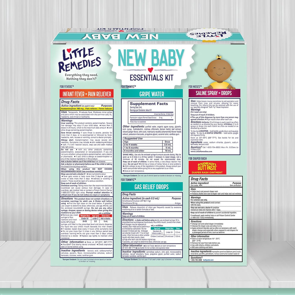 , New Baby Essentials Kit, 6 Newborn Essentials, Saline Nasal Spray, Gas Relief Drops, Gripe Water, Fever Reliever, & Diaper Ointment