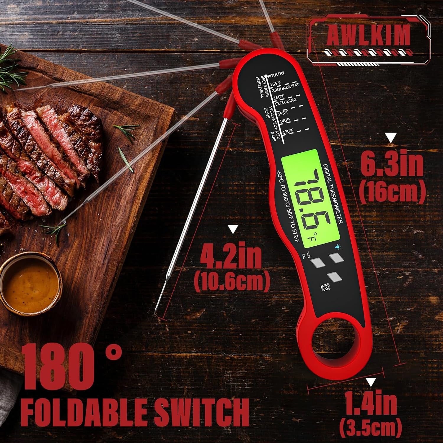 ® Meat Thermometer Digital - Instant Read Waterproof Food Thermometer with Backlight for Cooking, Grill, Candy, Kitchen & Stocking Stuffers for Men - Red