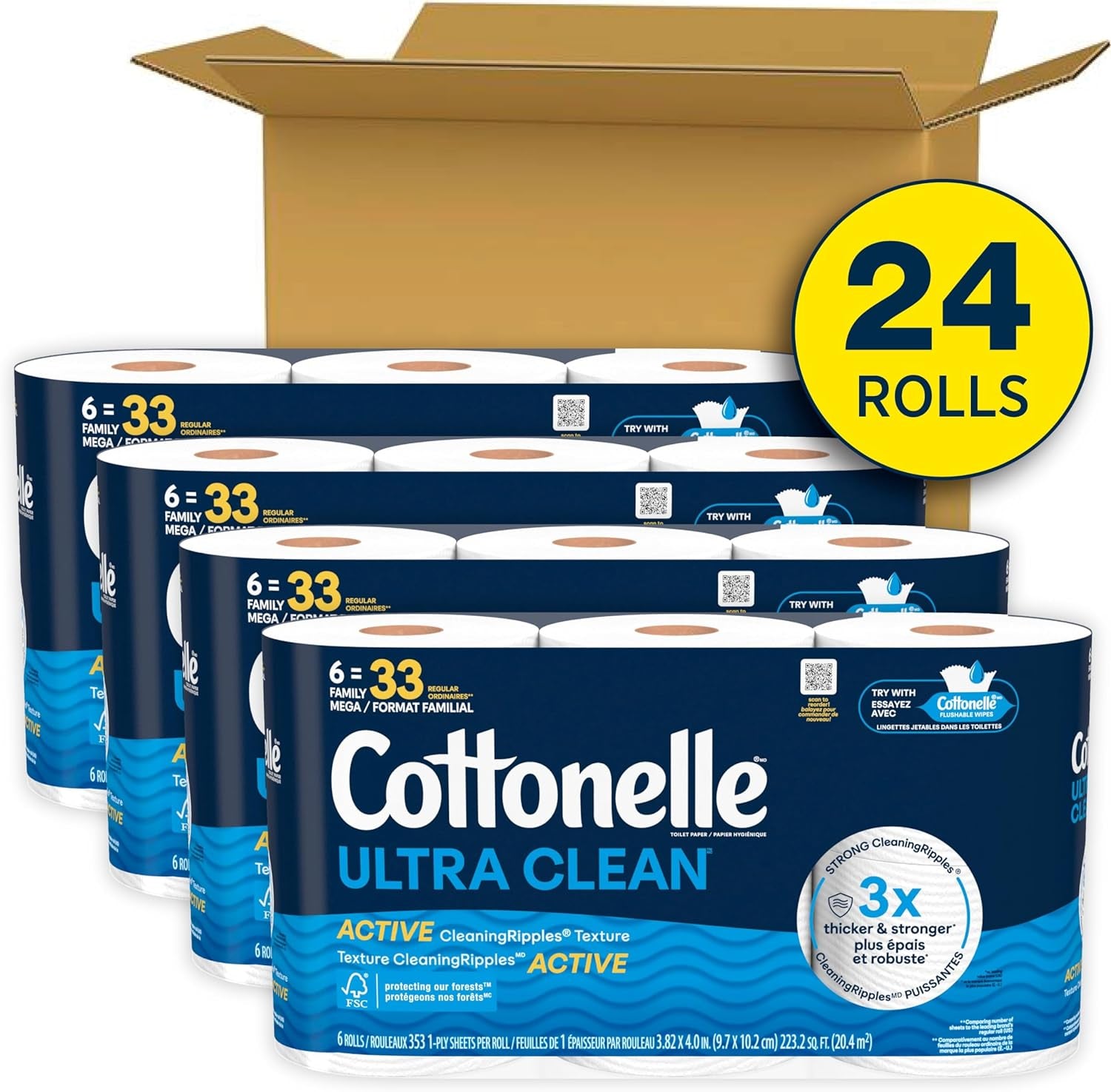 Ultra Clean Toilet Paper with Active Cleaningripples Texture, Strong Bath Tissue, 24 Family Mega Rolls = 132 Regular Rolls (4 Packs of 6)