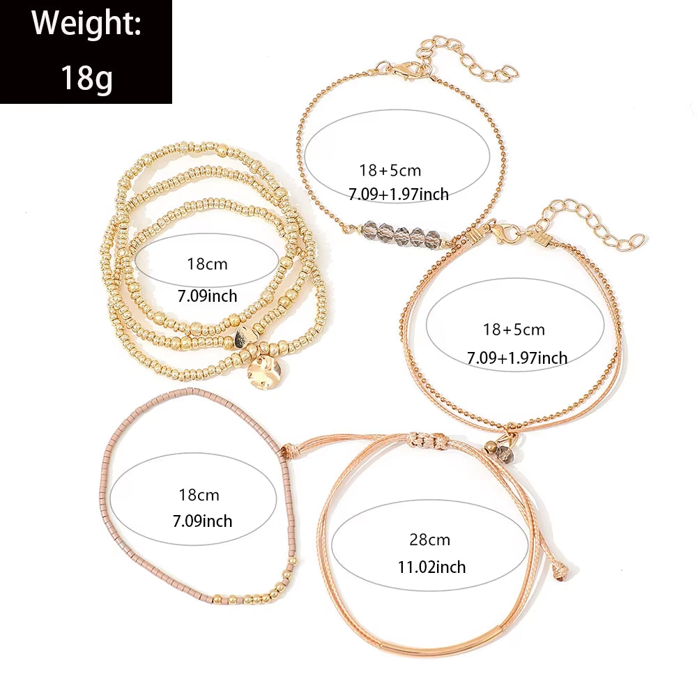 7Pcs/Set Bohemian Style Heart Beads round Pendant Adjustable String Beads Bracelet CCB Elastic Bracelet Set for Women