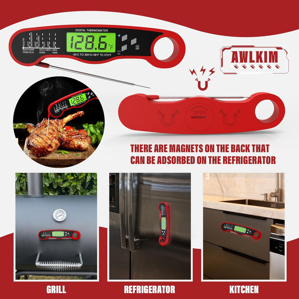 ® Meat Thermometer Digital - Instant Read Waterproof Food Thermometer with Backlight for Cooking, Grill, Candy, Kitchen & Stocking Stuffers for Men - Red