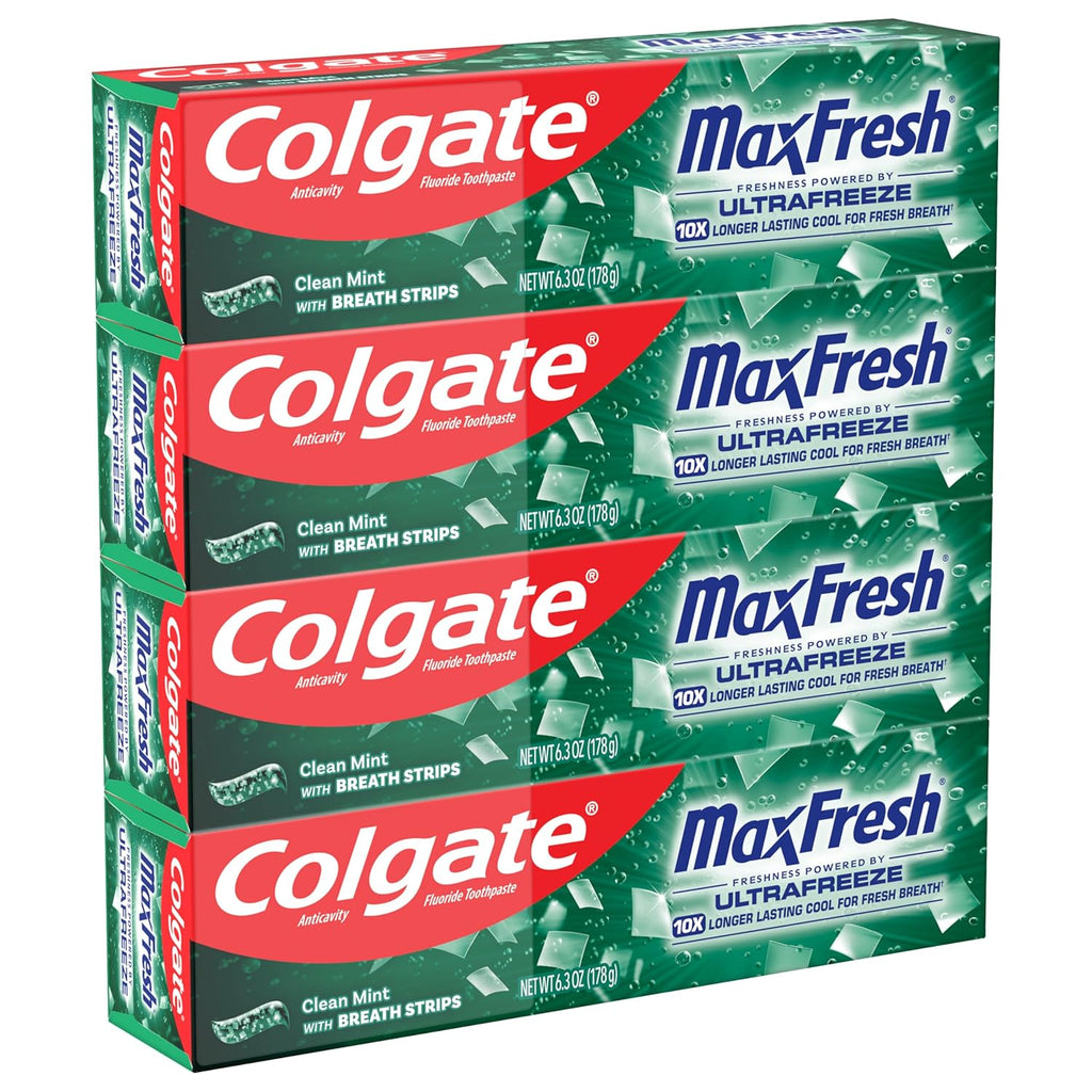 Max Fresh Toothpaste, Whitening Toothpaste with Mini Breath Strips, Clean Mint Toothpaste for Bad Breath, Helps Fight Cavities, Whitens Teeth, and Freshens Breath, 4 Pack, 6.3 Oz Tubes