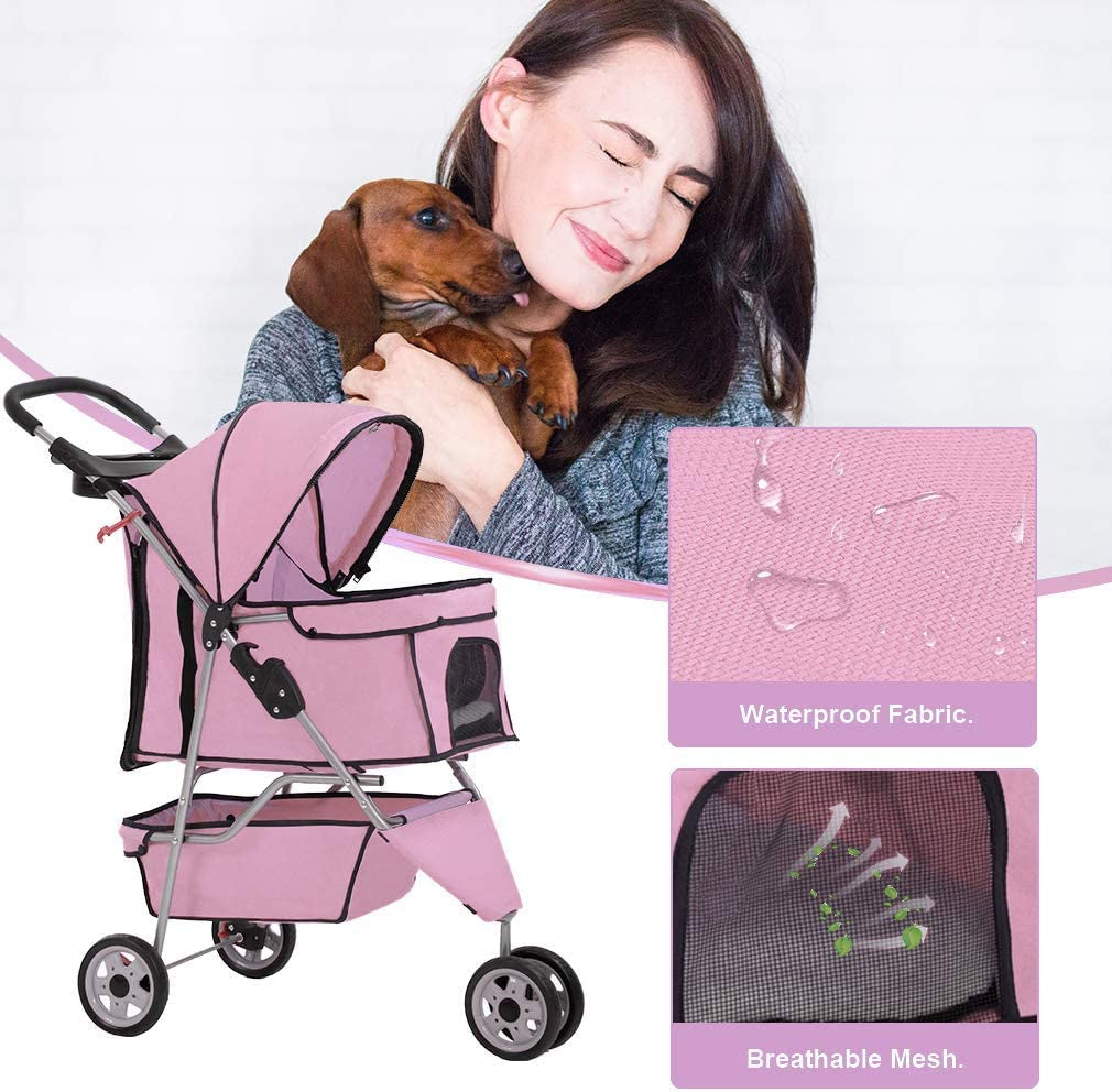 3 Wheels Pet Dog Stroller Cat Cage for Medium Small Dogs Cats Travel Folding Carrier Waterproof Puppy Stroller with Cup Holder & Removable Liner,Pink