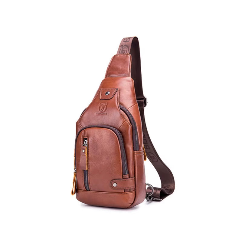  New 100% Cowhide Leather Casual Fashion Crossbody Chest Bag Men's Leather Bag USB Charging 
