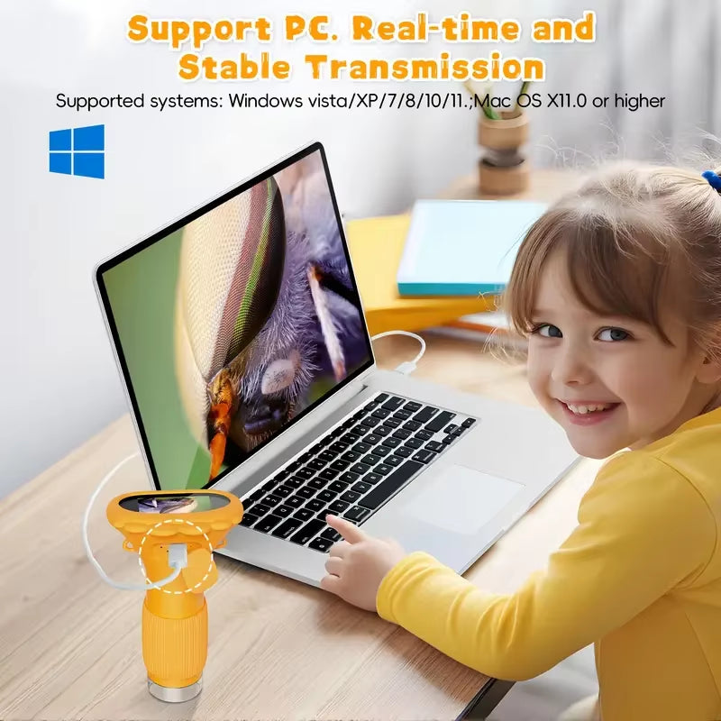 Children'S Digital Microscope with High-Definition Display Screen, 1000X Magnification, LED Light, Camera, and Video Yellow