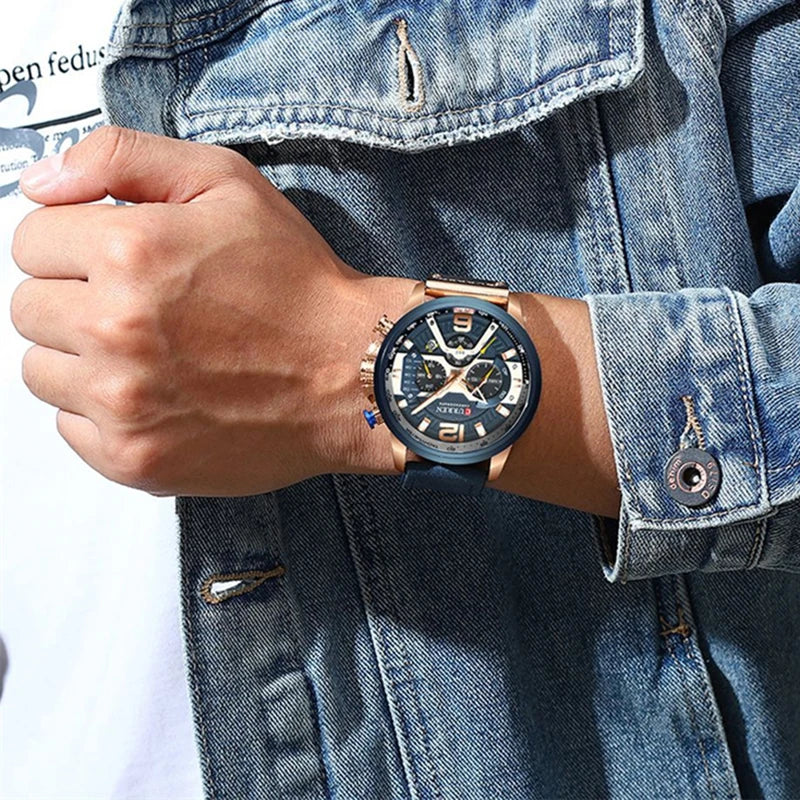 Chronograph Men Watch Casual Sports Fashion Calendar Analog Genuine Leather Wrist Watch