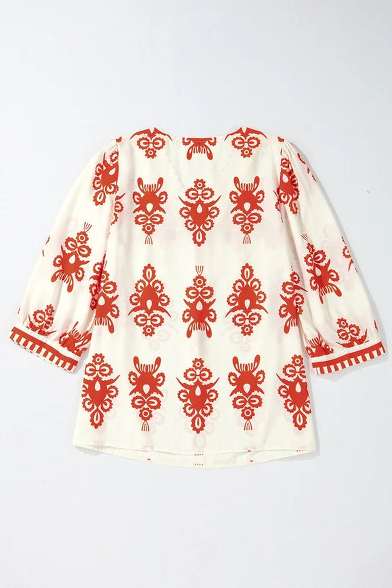 Women Geometric Printed 3/4 Sleeve V Neck Blouse