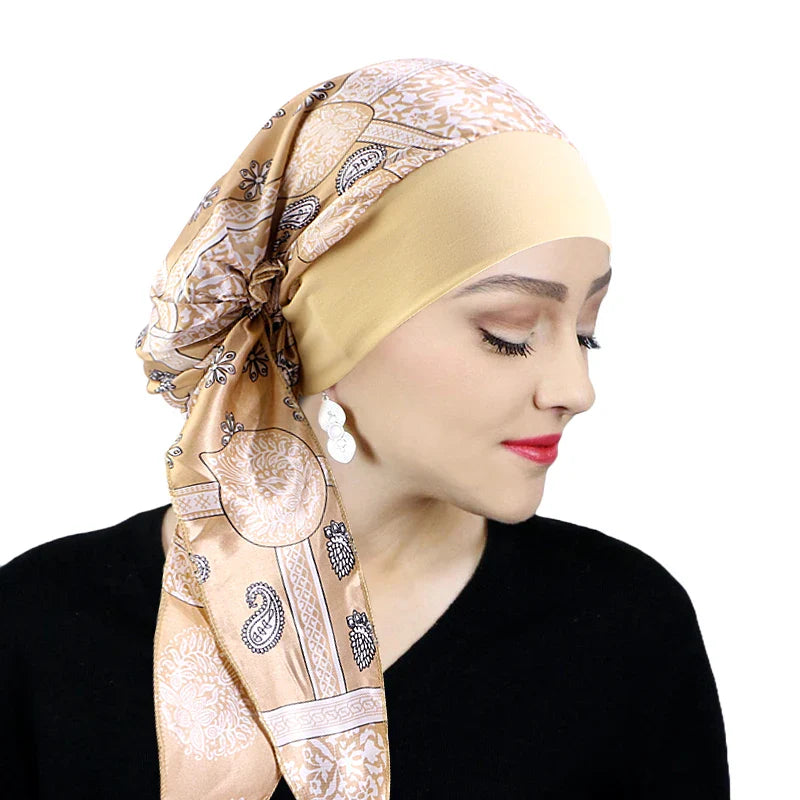 Women Pre-Tied Satin Turban Muslim Inner Hijabs Cancer Chemo Caps Headscarf Hair Loss Headwrap Bandana Elastic Hair Accessories