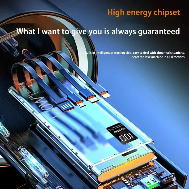 120W 50000Mah High Capacity Power Bank 4 in 1 Cables Fast Charging Powerbank Portable Battery Charger for Iphone Samsung