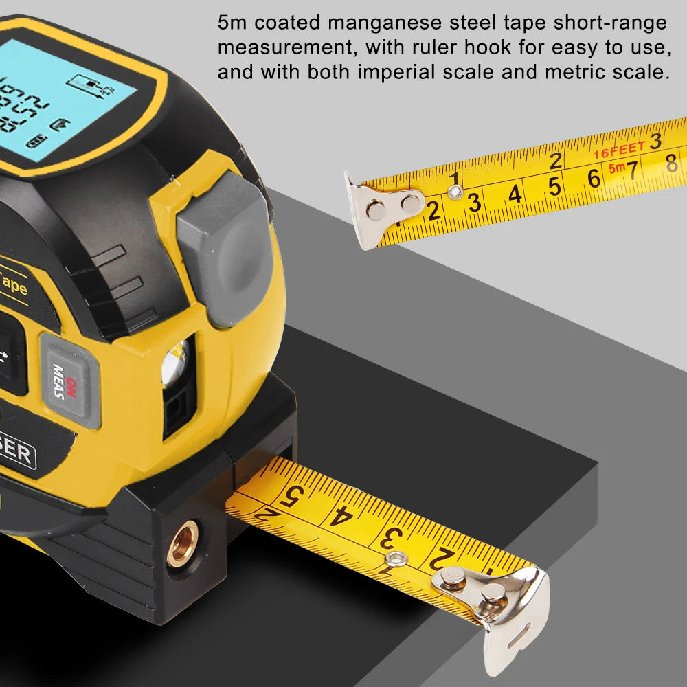 3 in 1 Distance Meter Tape Measure Ruler Laser Rangefinder Building Measurement Device 5M LCD Display with Backlight