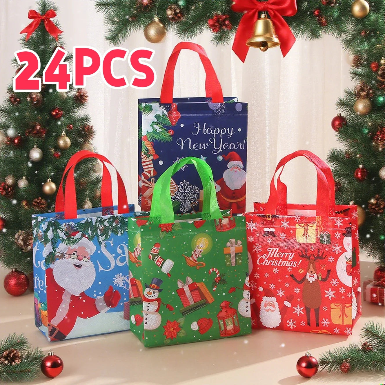 Christmas Tote Bags Reusable Gift Bags Non-Woven Christmas Gift Organiser Santa Snowman Treat Bags Navidad Party Decorations