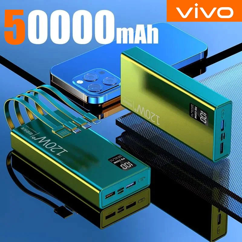 120W 50000Mah High Capacity Power Bank 4 in 1 Cables Fast Charging Powerbank Portable Battery Charger for Iphone Samsung