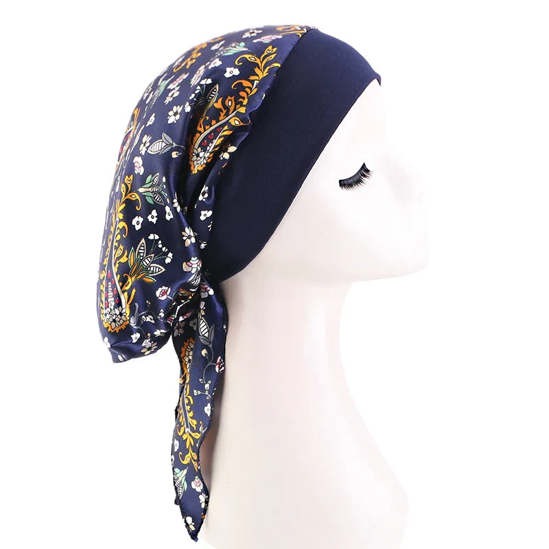 Women Pre-Tied Satin Turban Muslim Inner Hijabs Cancer Chemo Caps Headscarf Hair Loss Headwrap Bandana Elastic Hair Accessories