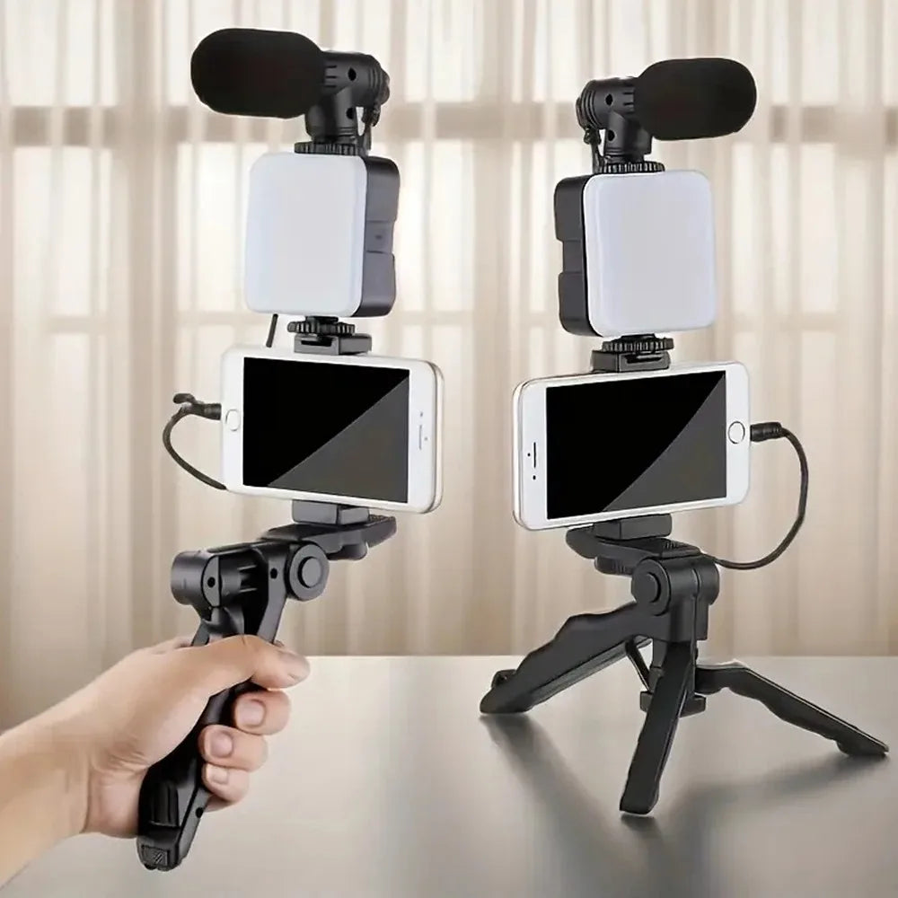 Smartphone Vlogging Kit with Tripod Phone Holder Mini Microphone Fill Light Starter Handle Portable Stabilizer Bracket