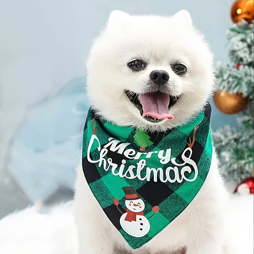 Christmas Dog Bandana with Santa & Snowman Design - 100% Polyester Non- Fabric, Adjustable Holiday Pet Headband for All Dog