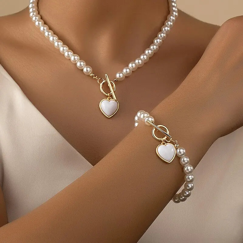 2 Pcs Imitation Pearl Necklace Bracelet Jewelry Set 